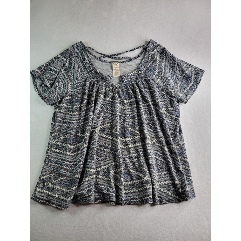 Faded Glory Womens 3X Blue White Geometric Knit Top Crisscross Back Short Sleeve